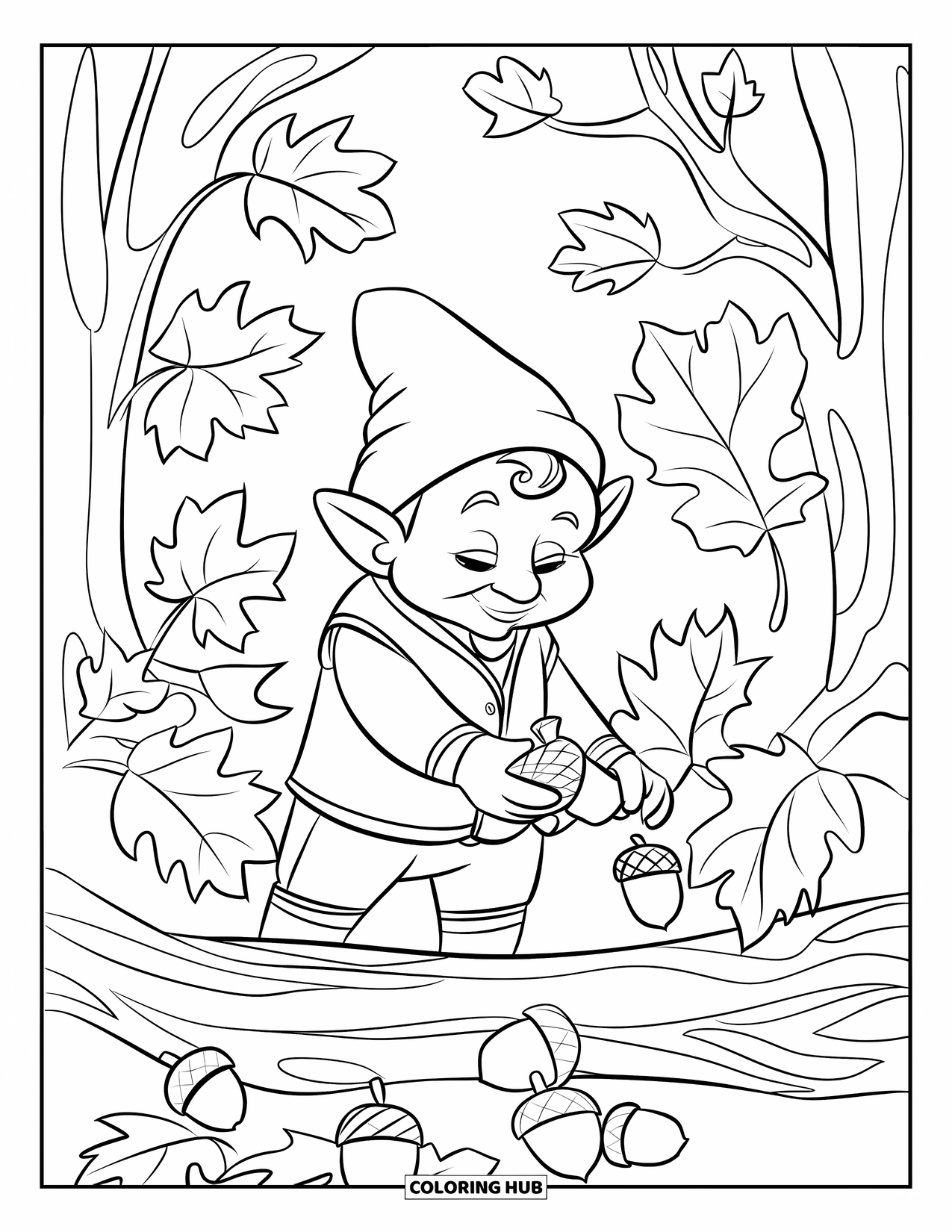 Desen de colorat cu gnom pentru copii: Un gnom care adună ghinde cu frunze de toamnă împrăștiate în jur
