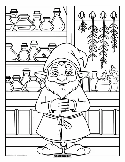 Gnome Coloring Page for Kids: A gnome herbalist in a room filled with herbs and potions