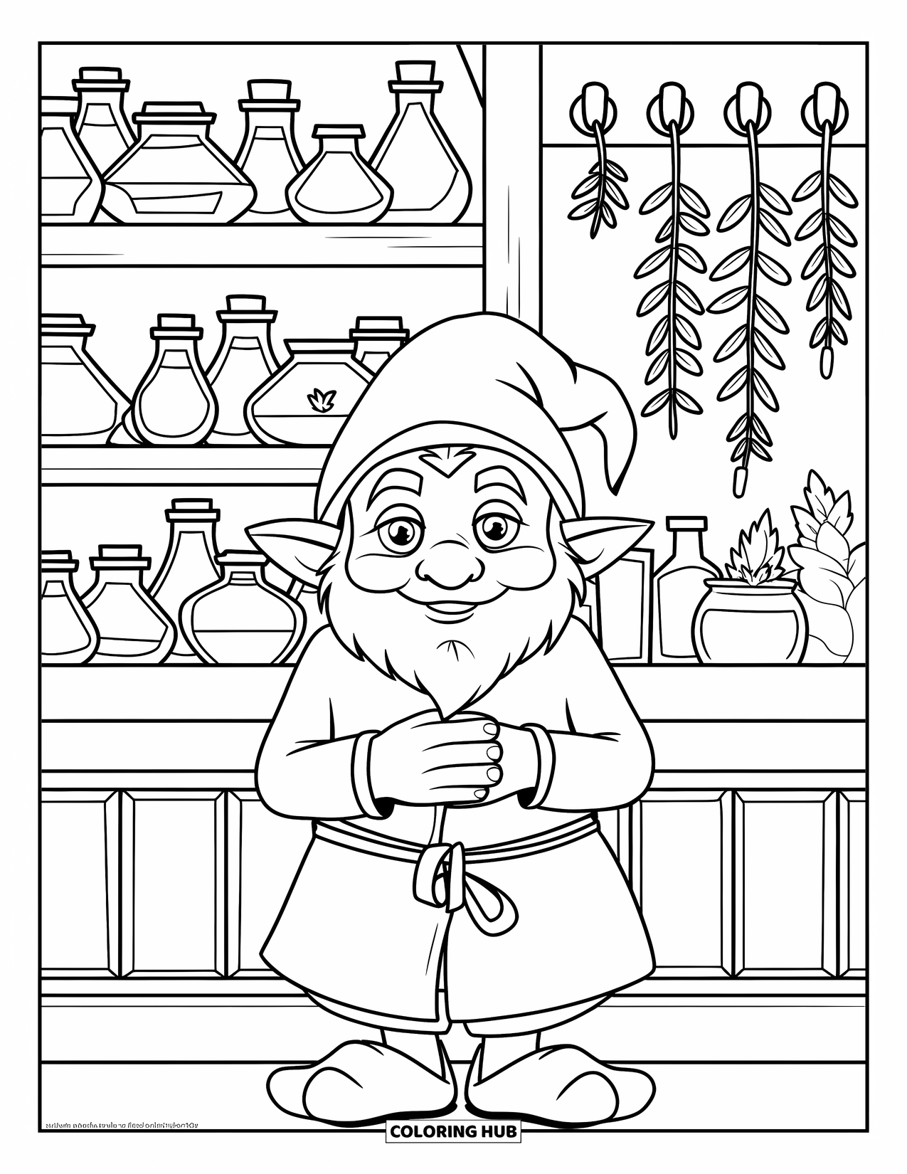 Desen de colorat cu gnom pentru copii: Un gnom herborist într-o cameră plină cu ierburi și poțiuni