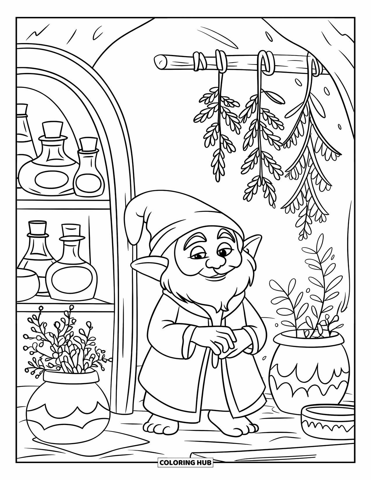 Desen de colorat cu gnom pentru copii: Un gnom herborist care prepară poțiuni într-o cameră confortabilă cu ierburi