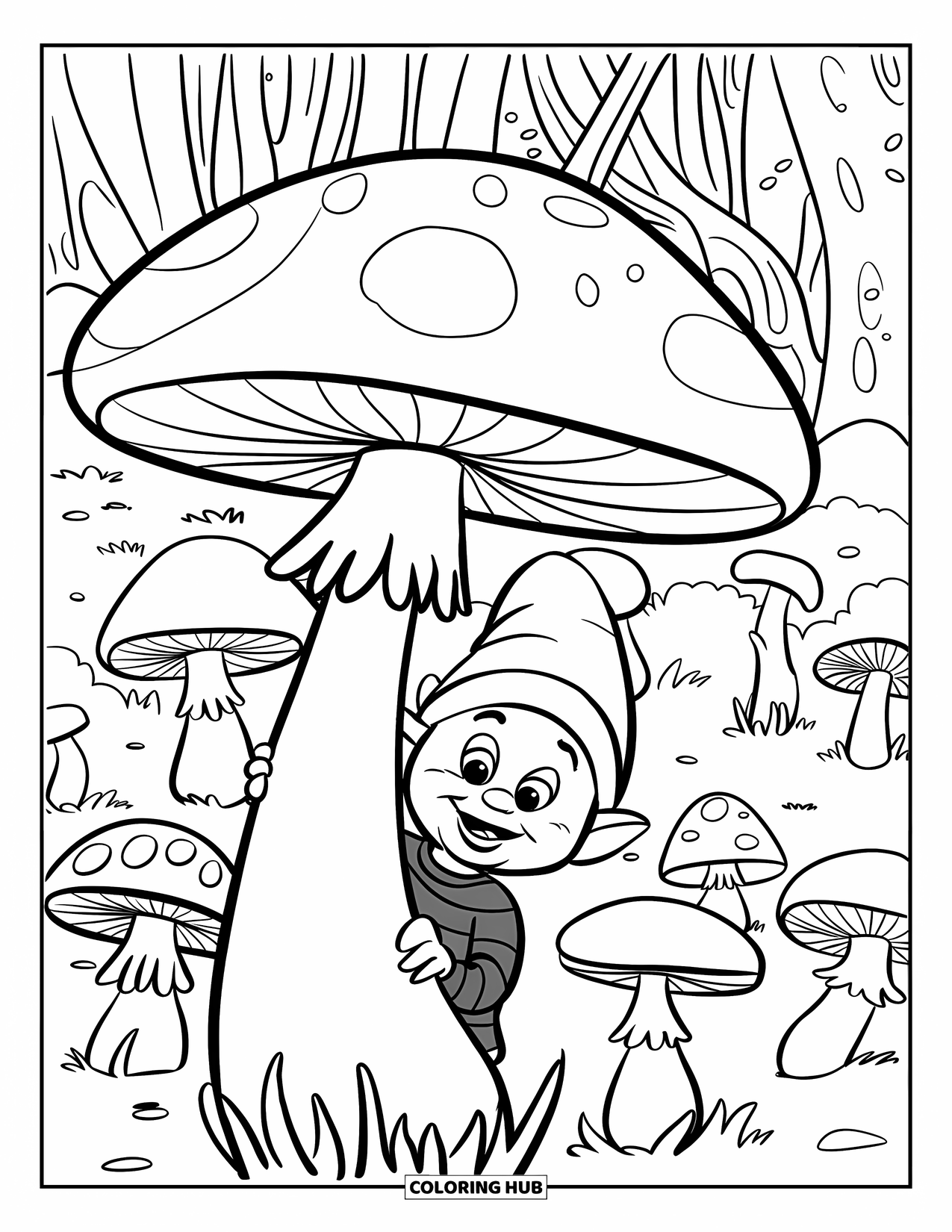 Desen de colorat cu gnom pentru copii: Un gnom care se ascunde după o ciupercă mare într-o pădure