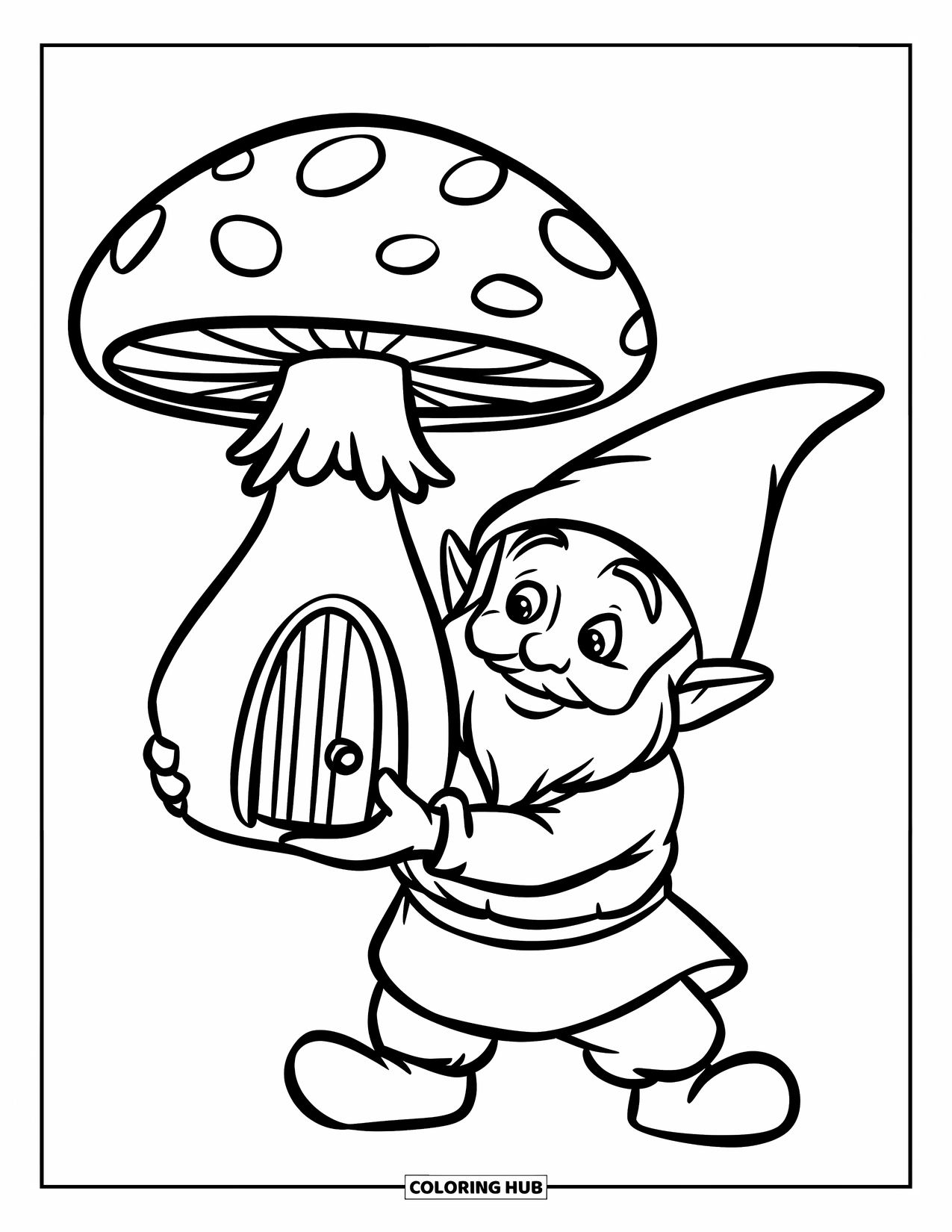 Desen de colorat cu gnom pentru copii: Un gnom care ține o ciupercă uriașă cu o ușă mică