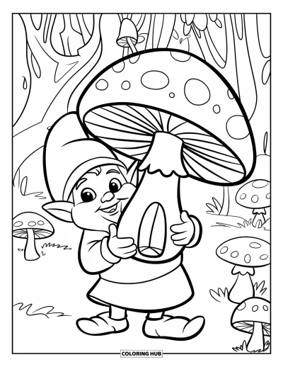 Gnome Coloring Page for Kids: A gnome holding a large mushroom with a door surrounded by trees