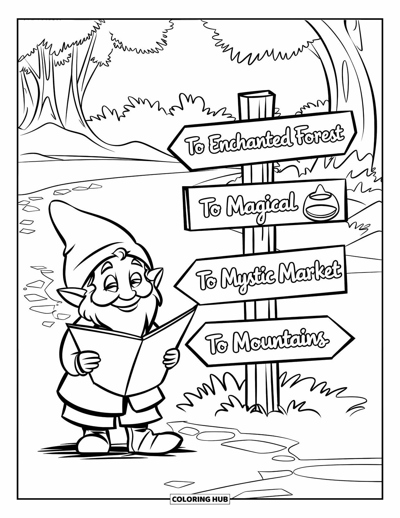 Desen de colorat cu gnom pentru copii: Un gnom care ține o hartă lângă un indicator cu săgeți spre diferite locuri