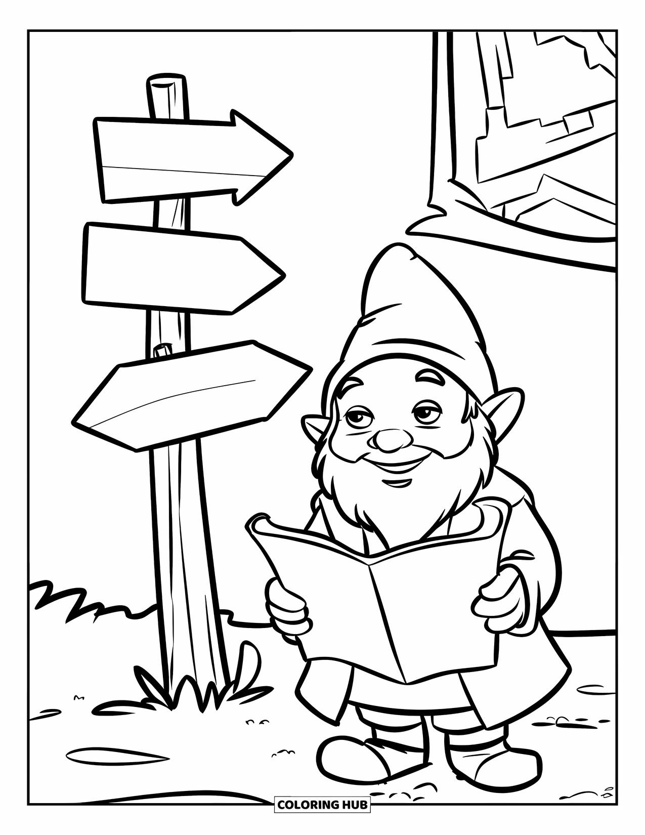 Desen de colorat cu gnom pentru copii: Un gnom care ține o hartă lângă un indicator cu săgeți într-un cadru simplu