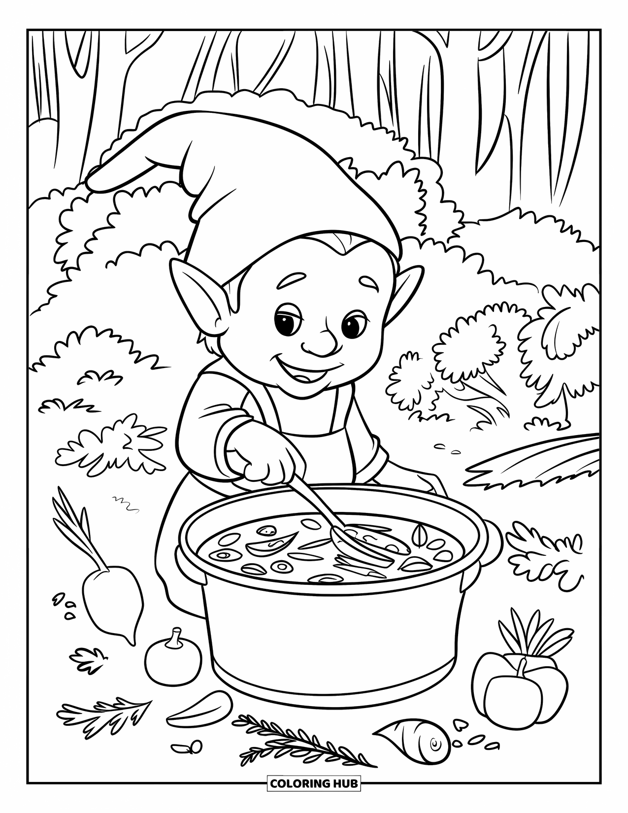 Desen de colorat cu gnom pentru copii: Un gnom care pregătește supă cu legume și ierburi într-un cadru de pădure