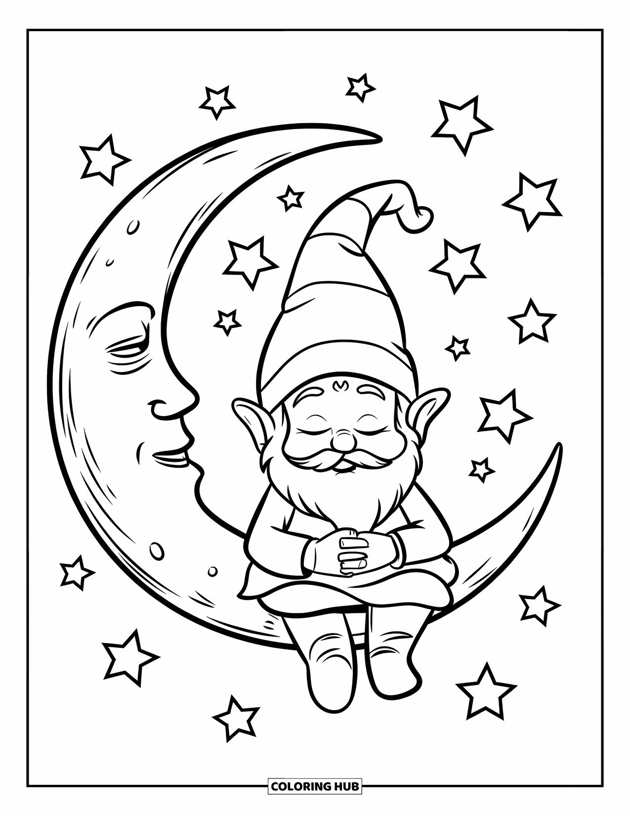 Desen de colorat cu gnom pentru copii: Un gnom care se odihnește pe o semilună printre stele sclipitoare