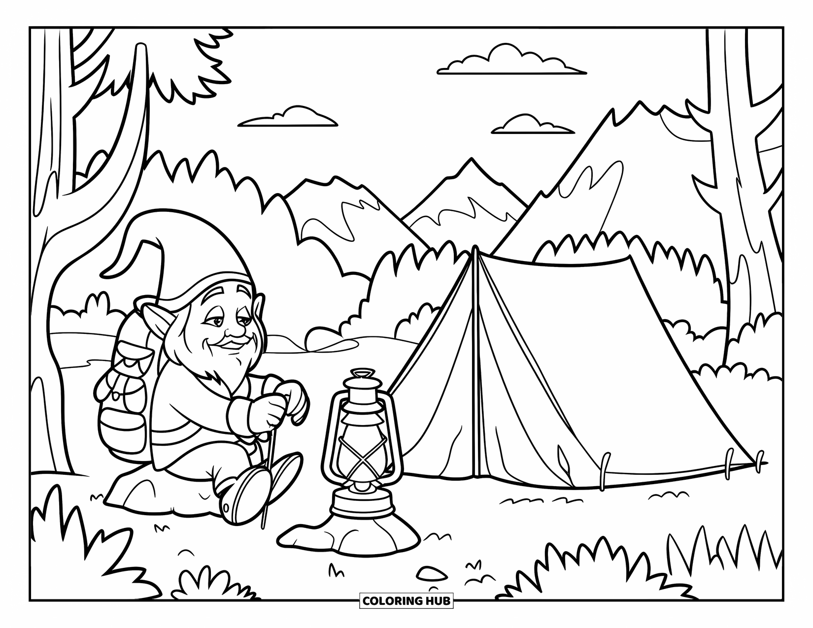 Desen de colorat cu gnom pentru copii: Un gnom care își instalează tabăra lângă un cort cu munți și copaci în jur