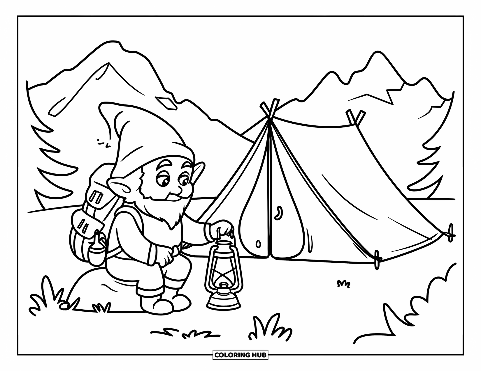 Desen de colorat cu gnom pentru copii: Un gnom care își instalează tabăra cu un felinar și un cort lângă munți