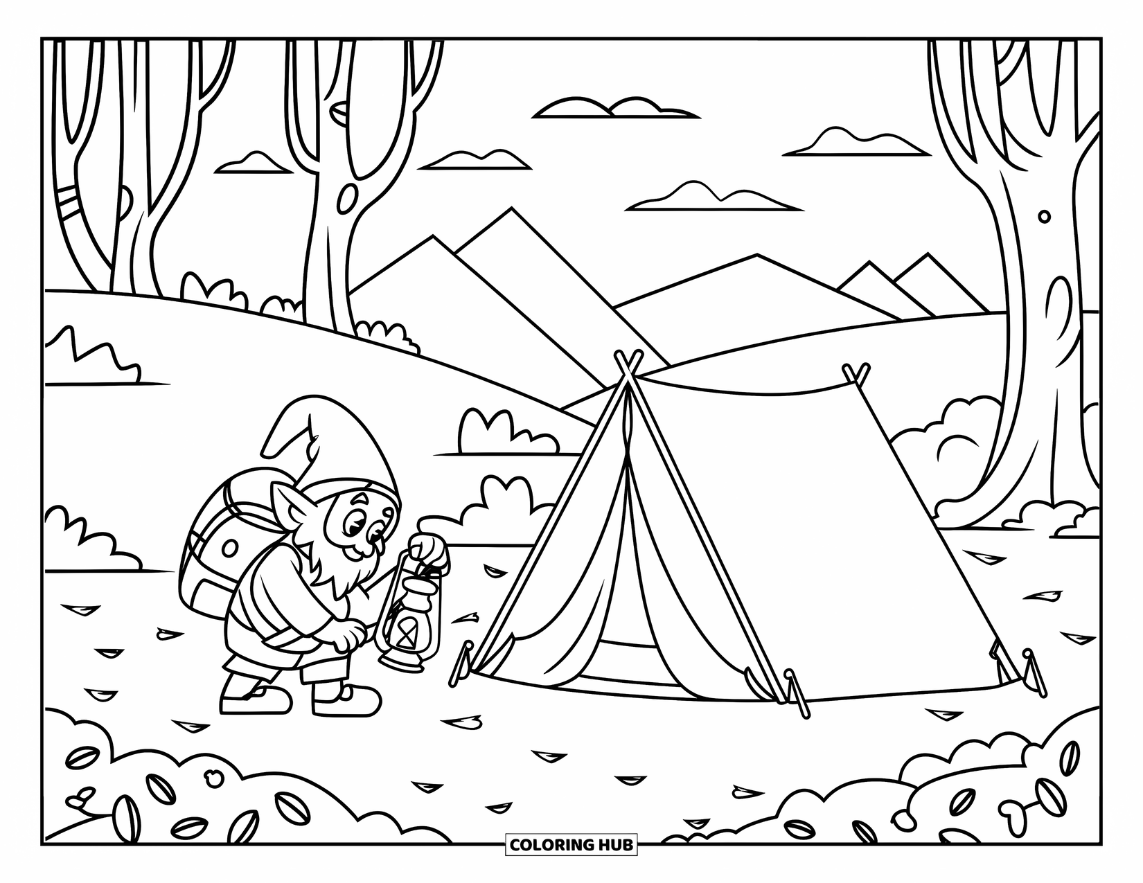 Desen de colorat cu gnom pentru copii: Un gnom care își instalează tabăra cu un felinar, înconjurat de copaci și munți