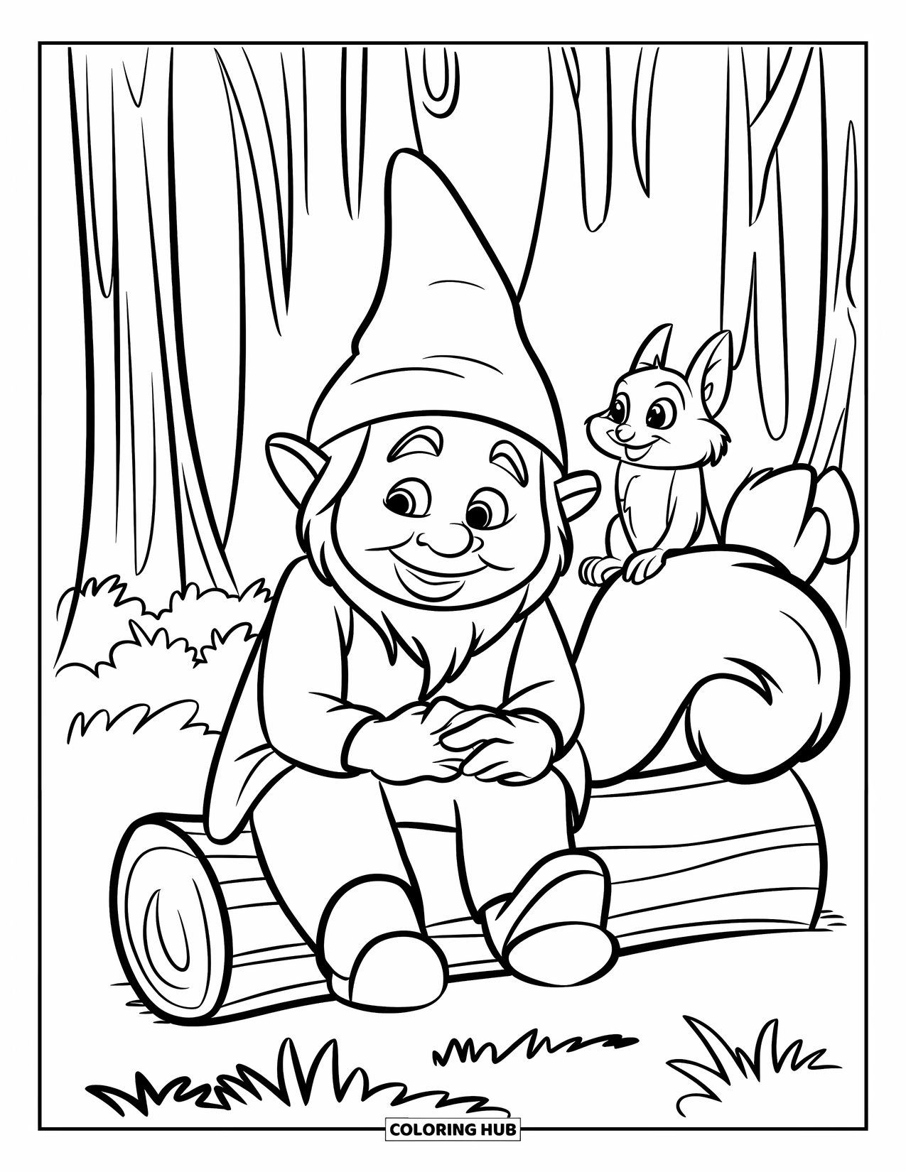 Desen de colorat cu gnom pentru copii: Un gnom așezat pe un buștean cu o veveriță într-o pădure