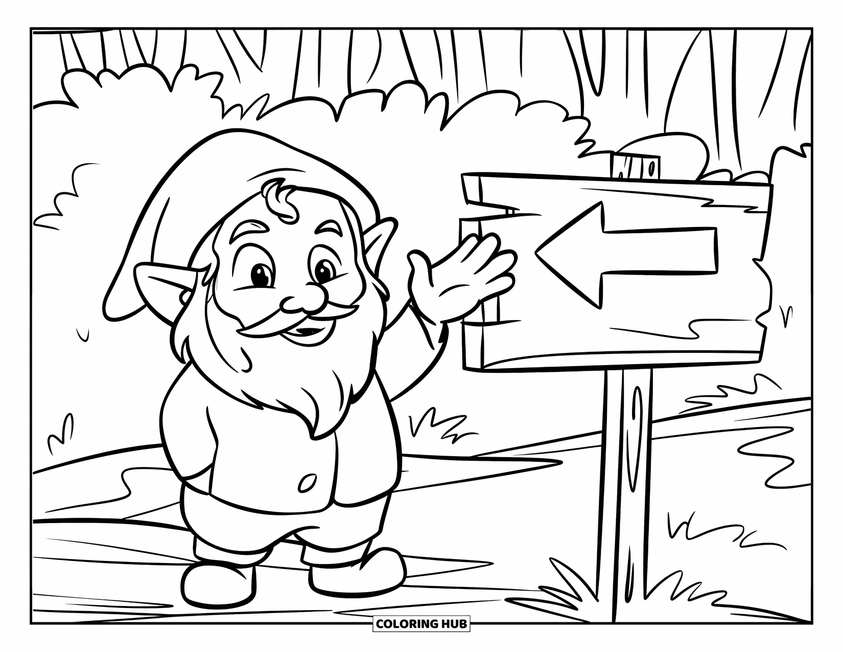 Desen de colorat cu gnom pentru copii: Un gnom care stă lângă un indicator de lemn care arată spre un sat de zâne