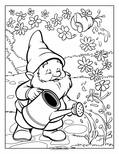 Gnome Coloring Page for Kids: A gnome watering blooming flowers in a lush garden