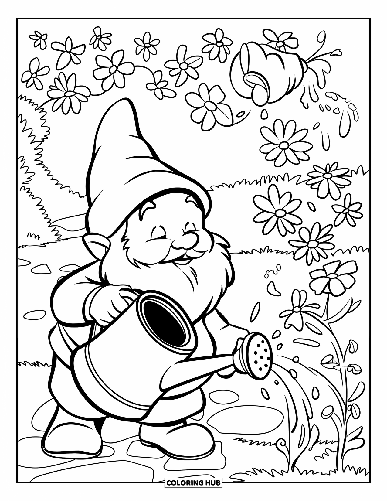Desen de colorat cu gnom pentru copii: Un gnom care udă flori înflorite într-o grădină luxuriantă