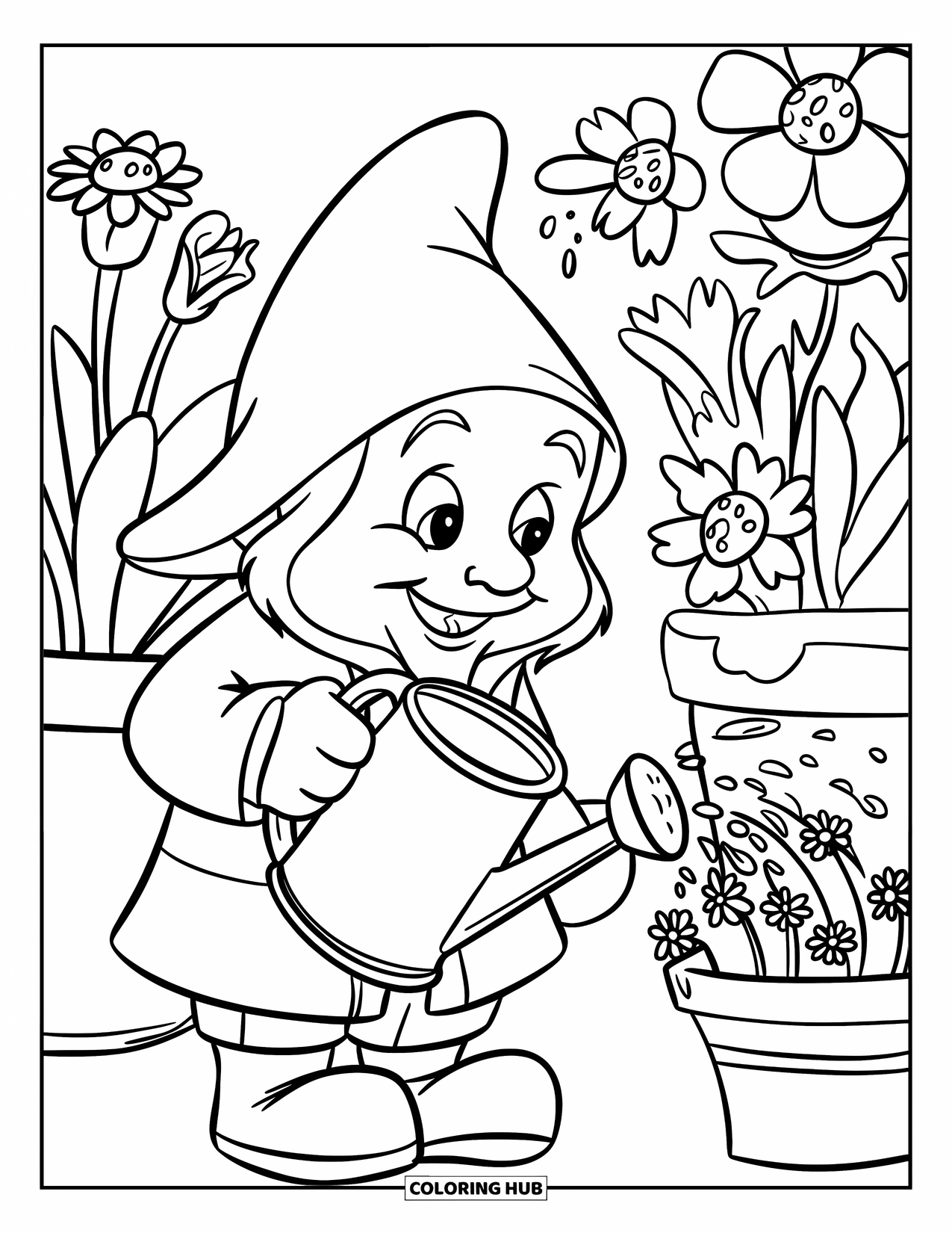 Desen de colorat cu gnom pentru copii: Un gnom care udă flori cu o stropitoare într-o grădină