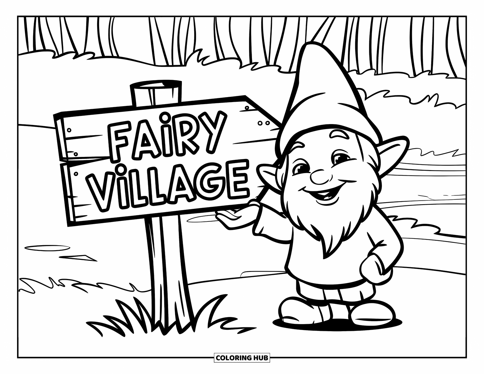 Desen de colorat cu gnom pentru copii: Un gnom care face cu mâna lângă un indicator de lemn care arată spre un sat de zâne