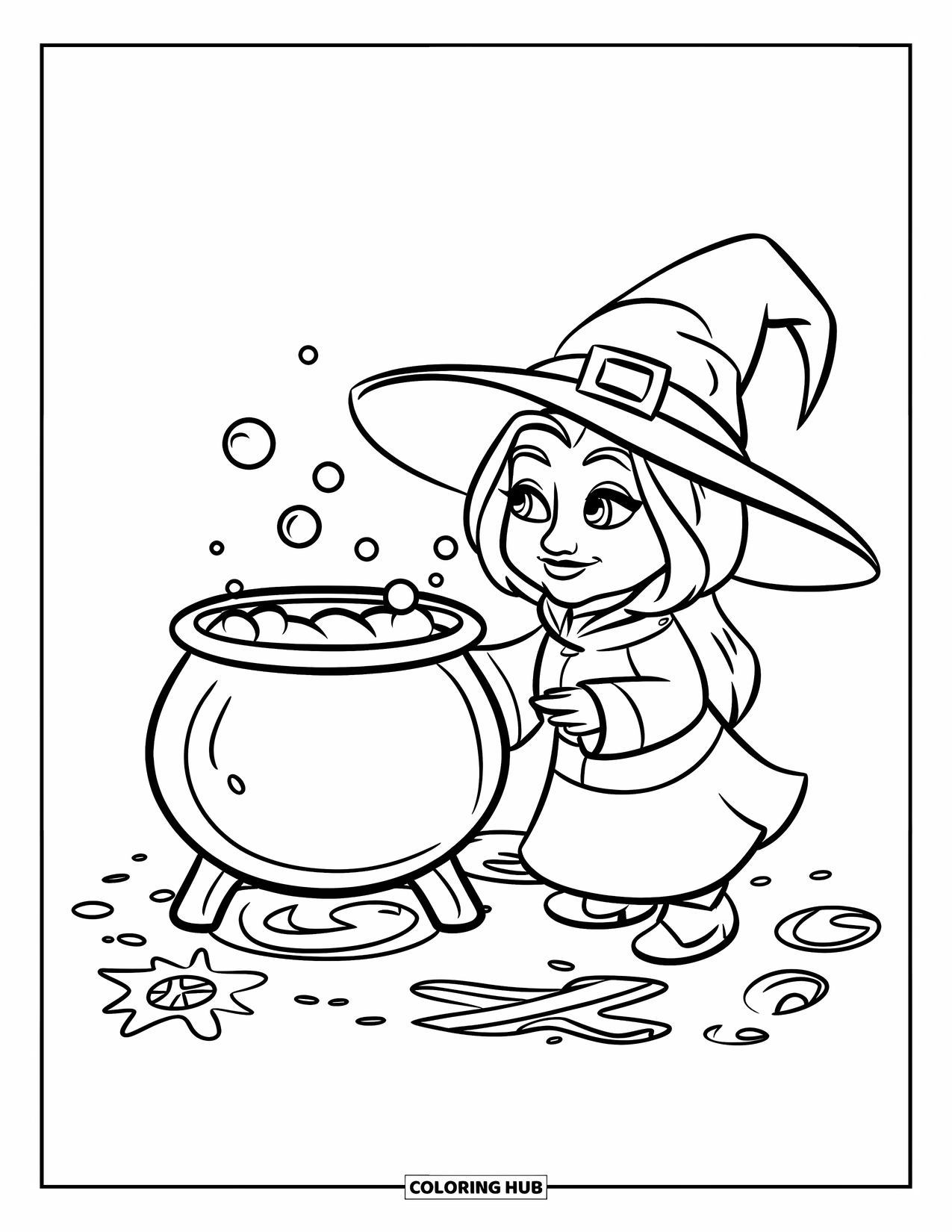 Desen de colorat cu gnom pentru copii: O vrăjitoare gnom care aruncă vrăji asupra unui cazan clocotitor