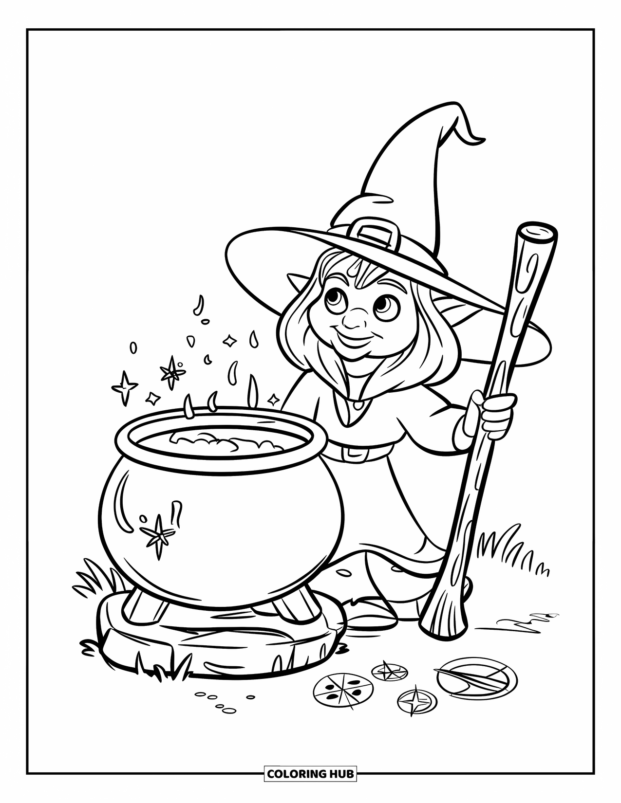 Desen de colorat cu gnom pentru copii: O vrăjitoare gnom care amestecă într-un cazan cu simboluri magice în apropiere