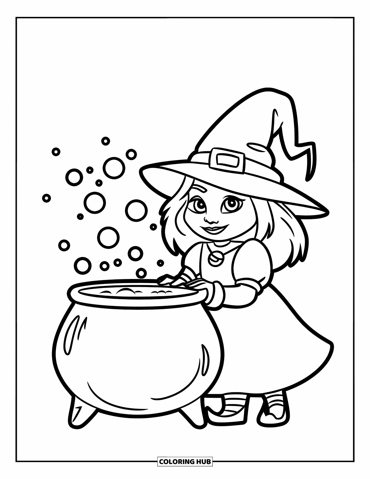 Desen de colorat cu gnom pentru copii: O vrăjitoare gnom cu un cazan și simboluri magice care se învârt în jur