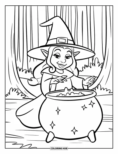 Gnome Coloring Page for Kids: A gnome witch with a cauldron in a forest surrounded by magical symbols