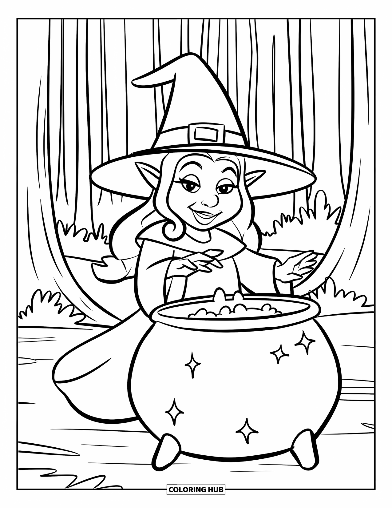 Desen de colorat cu gnom pentru copii: O vrăjitoare gnom cu un cazan într-o pădure înconjurată de simboluri magice