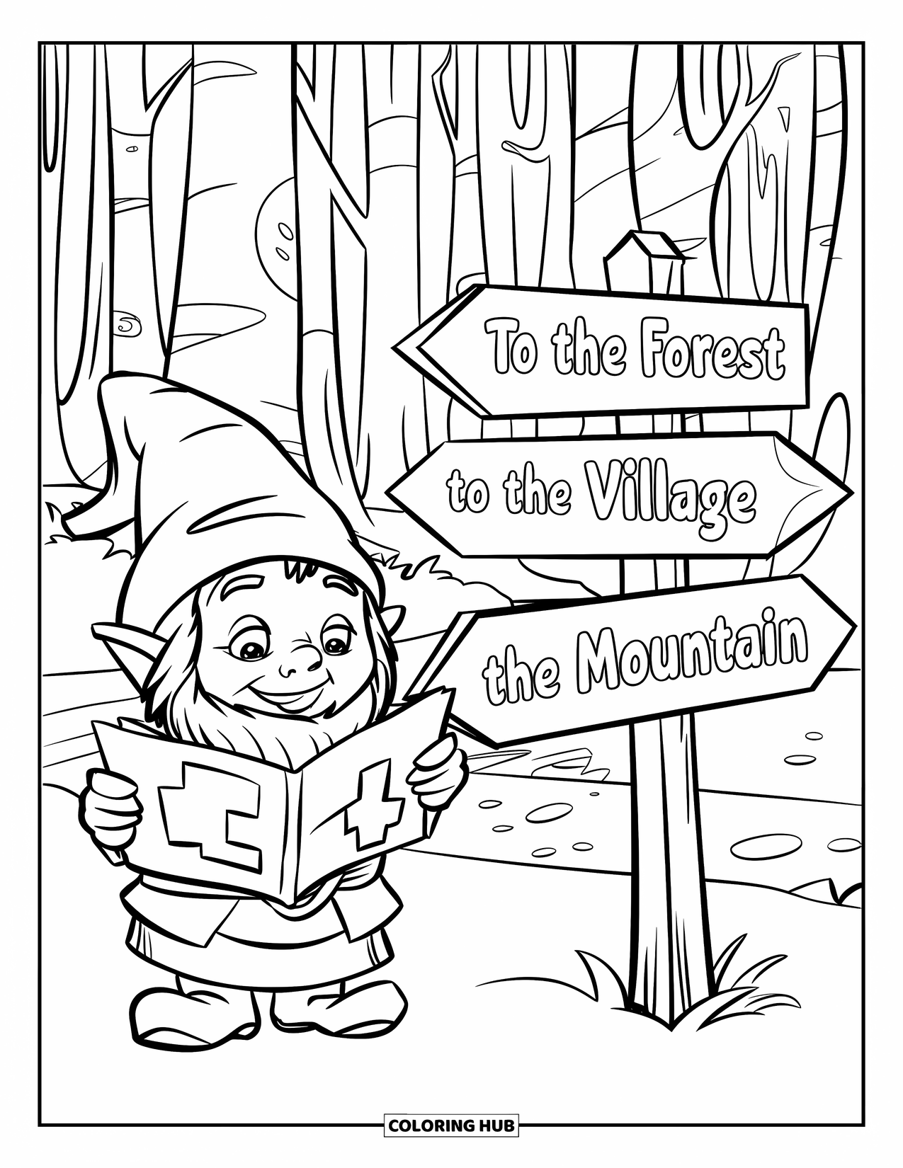 Desen de colorat cu gnom pentru copii: Un gnom cu o hartă lângă un indicator care arată spre diverse destinații