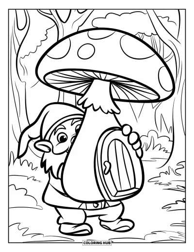 Gnome Coloring Page for Kids: A gnome with a mushroom house in a forest with trees and mushrooms