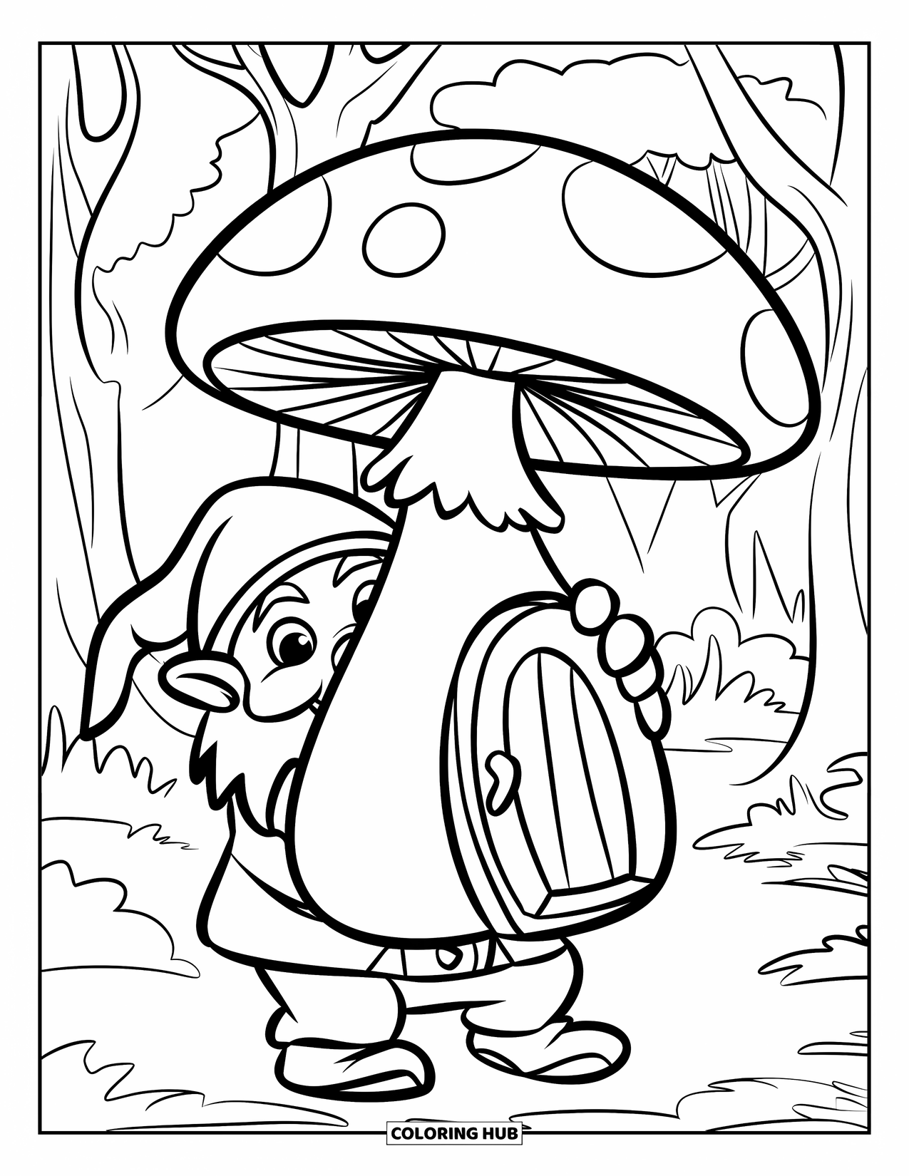 Desen de colorat cu gnom pentru copii: Un gnom cu o casă ciupercă într-o pădure cu copaci și ciuperci