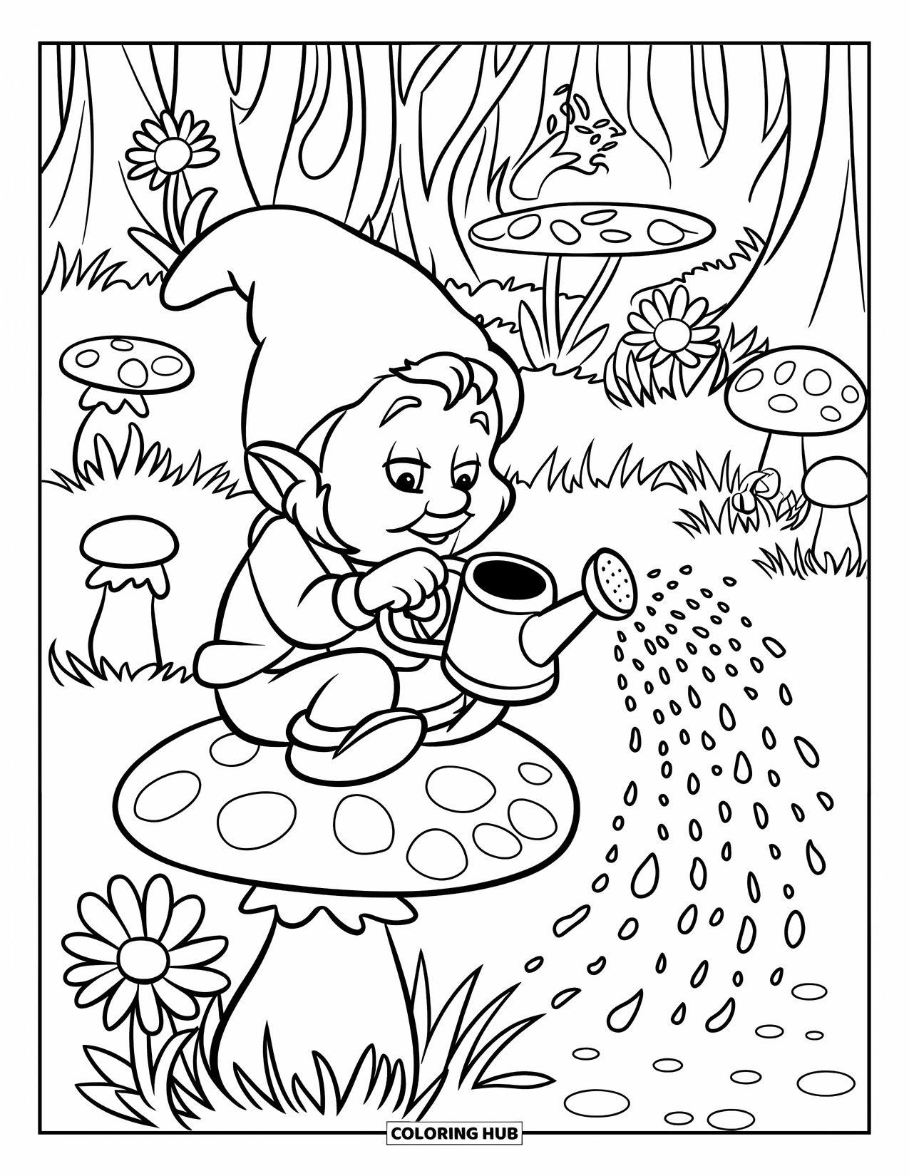 Desen de colorat cu gnom pentru copii: Un gnom cu o stropitoare așezat pe o ciupercă printre flori