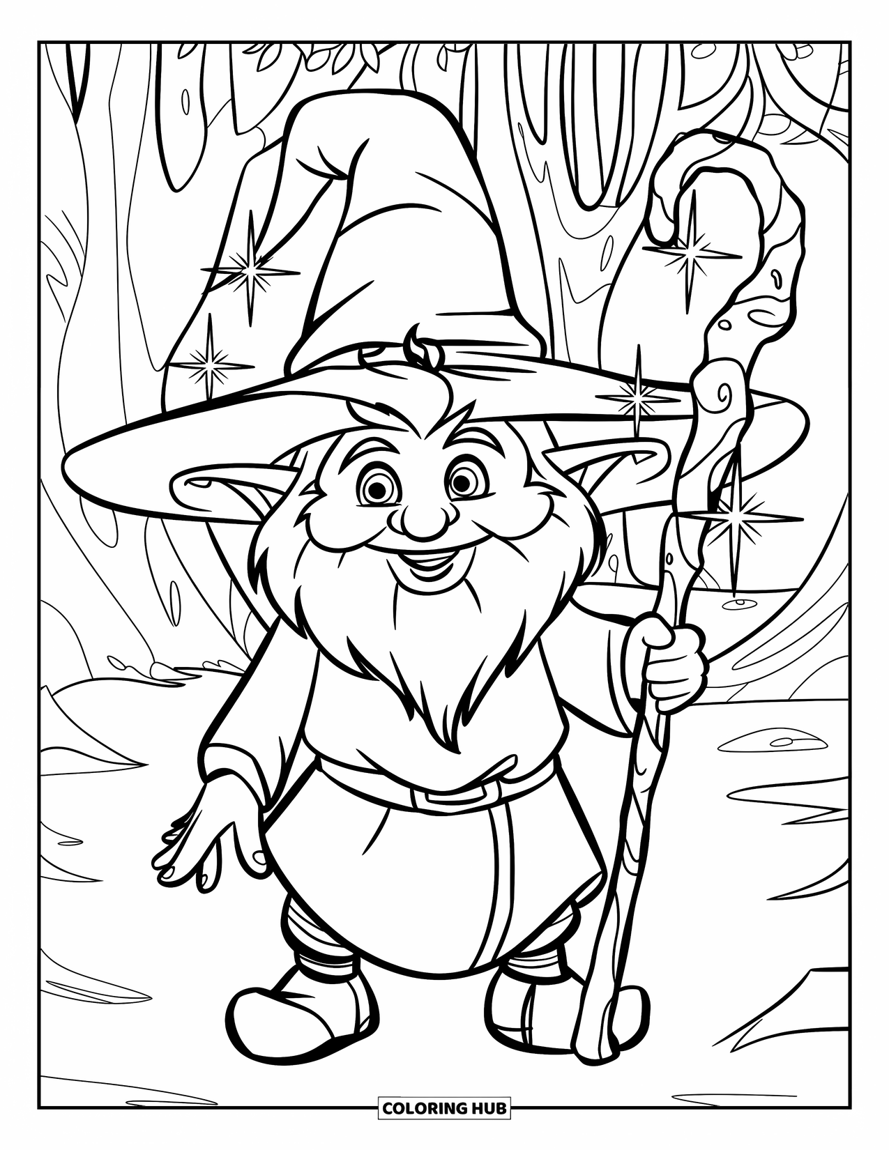 Desen de colorat cu gnom pentru copii: Un gnom vrăjitor care aruncă magie cu un toiag printre efecte sclipitoare