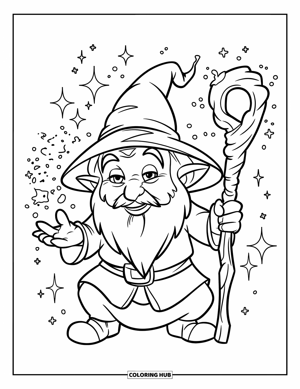 Desen de colorat cu gnom pentru copii: Un gnom vrăjitor care ține un toiag cu magie sclipitoare peste tot