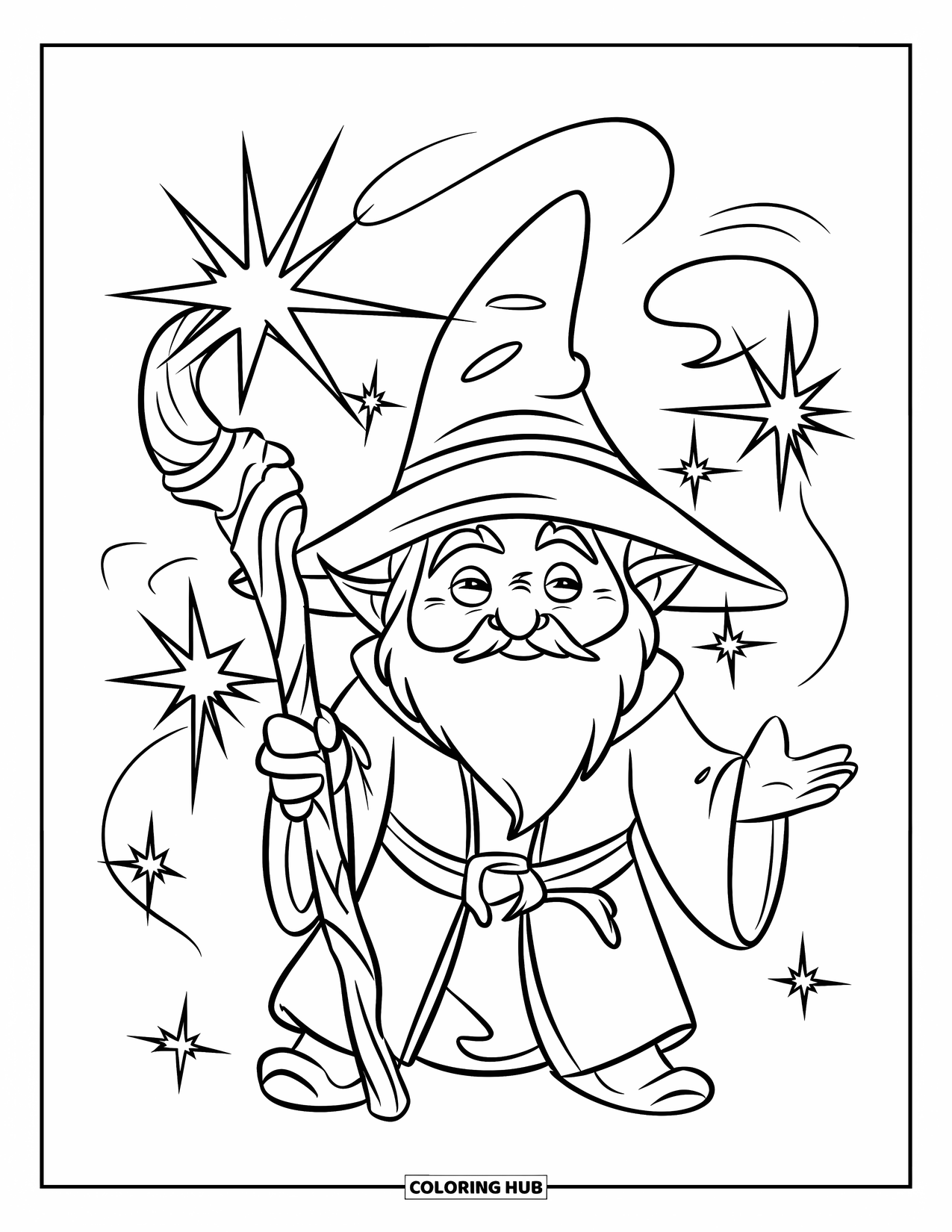 Desen de colorat cu gnom pentru copii: Un gnom vrăjitor cu un toiag înconjurat de efecte magice sclipitoare