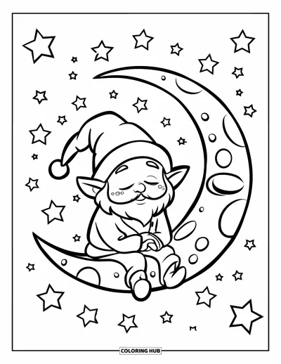Gnome Coloring Page for Kids: A sleepy gnome on a crescent moon with stars in the night sky
