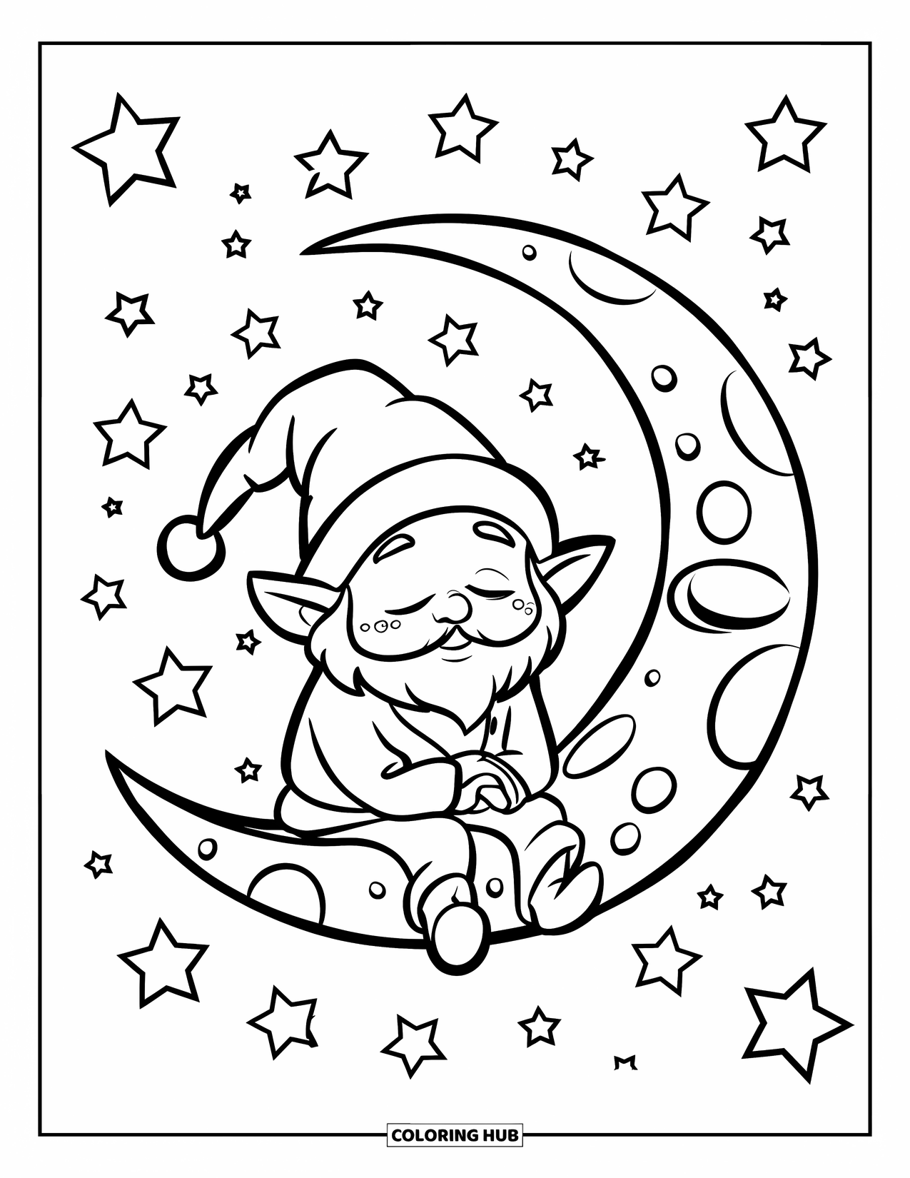 Desen de colorat cu gnom pentru copii: Un gnom somnoros pe o semilună cu stele pe cerul nopții