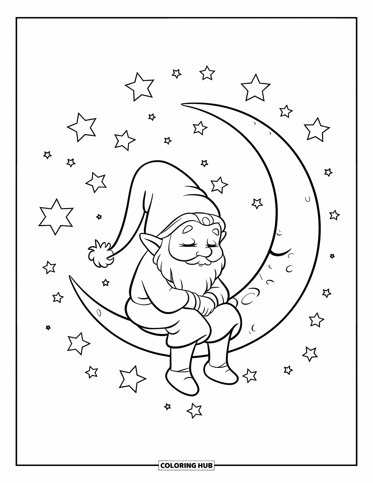 Desen de colorat cu gnom pentru copii: Un gnom somnoros așezat pe o semilună înconjurat de stele
