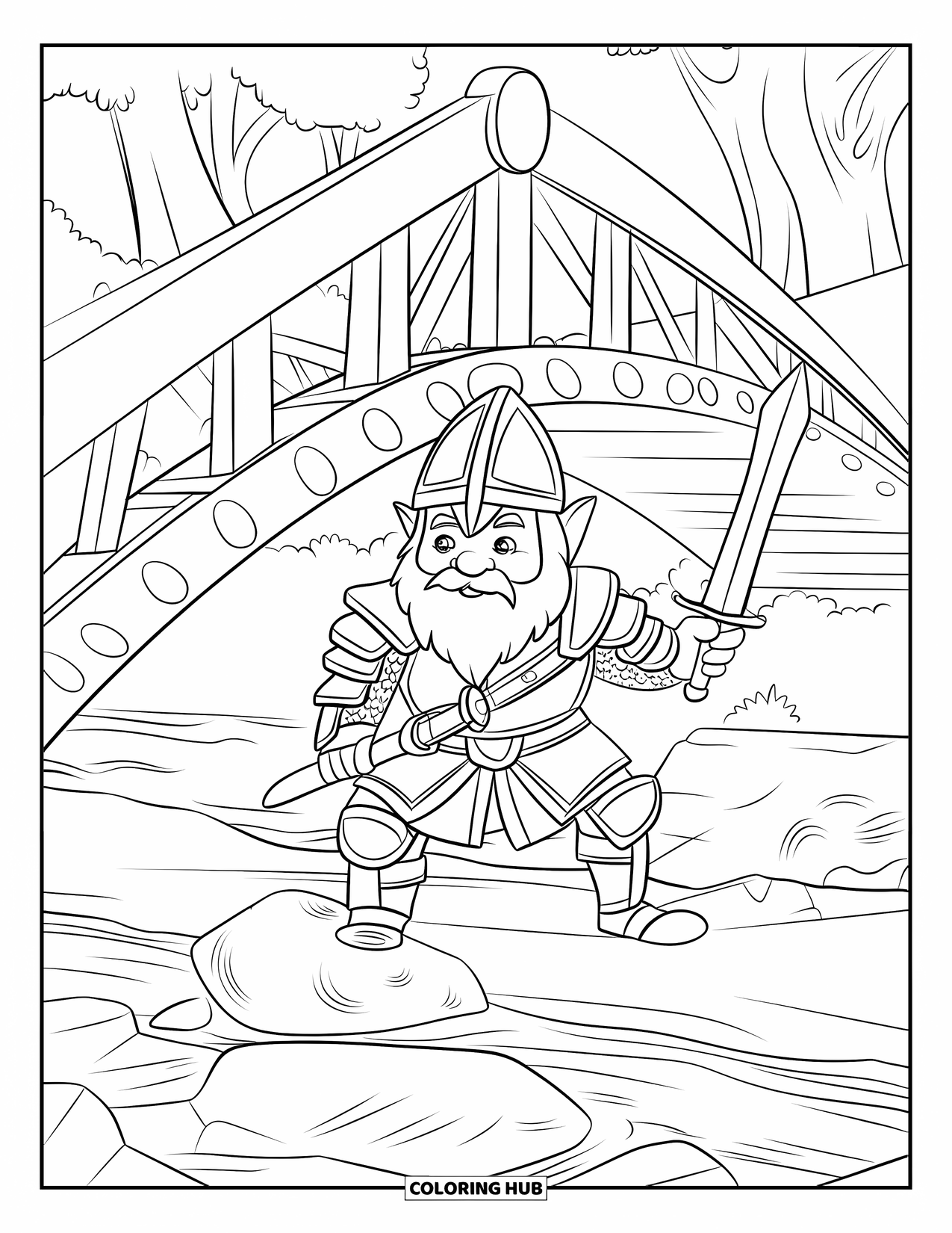 Desen de colorat cu gnom pentru copii: Un gnom războinic care păzește un pod de lemn cu armură și o sabie