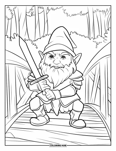 Gnome Coloring Page for Kids: A warrior gnome with armor and a sword guarding a bridge by trees