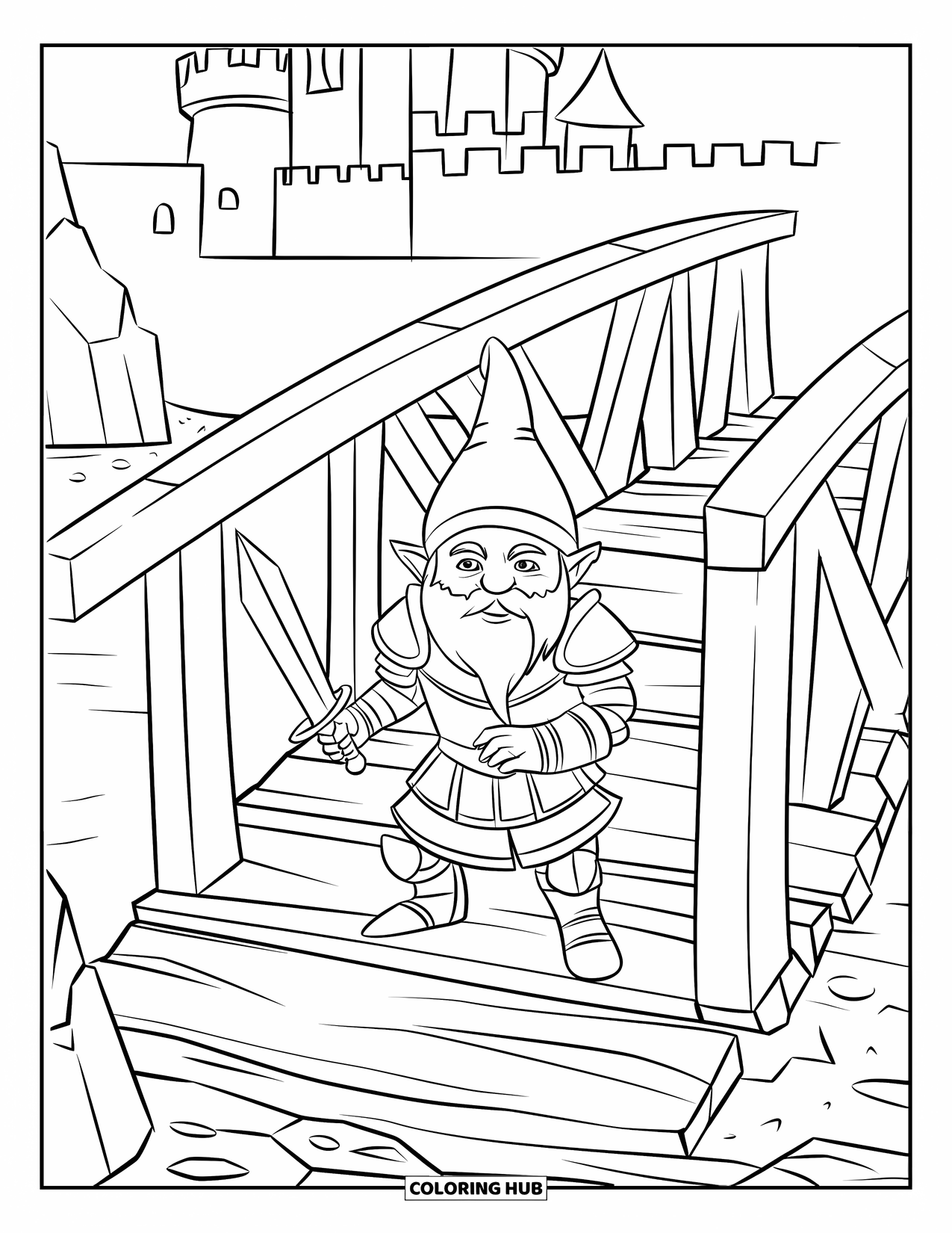 Desen de colorat cu gnom pentru copii: Un gnom războinic cu armură care păzește un pod înconjurat de copaci și munți