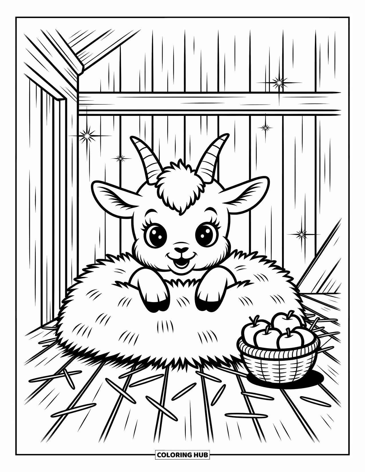 Disegno di una capra per adulti: Un capretto sbircia dal fieno morbido con un cesto di mele nelle vicinanze
