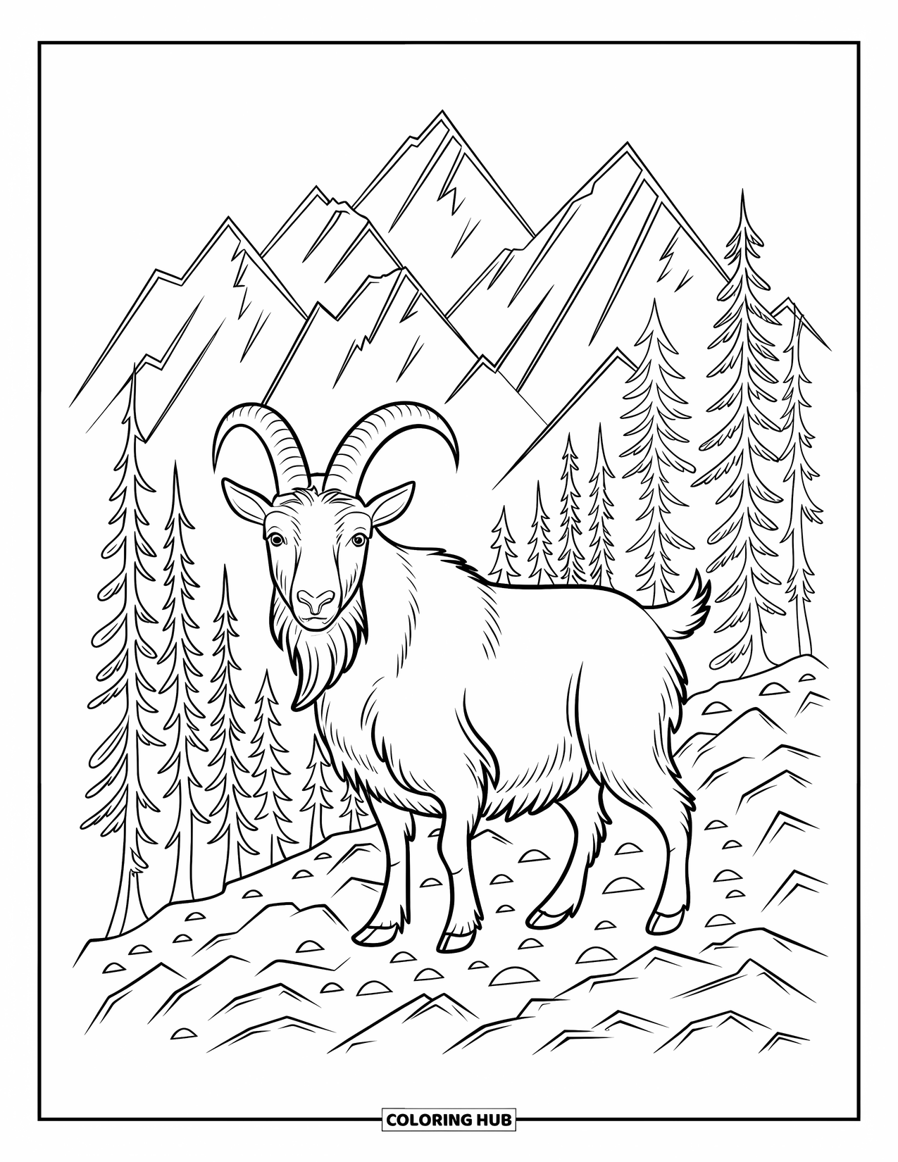 Disegno di una capra per adulti: una capra barbuta si erge su rocce con cime montuose appuntite e alberi della foresta dietro