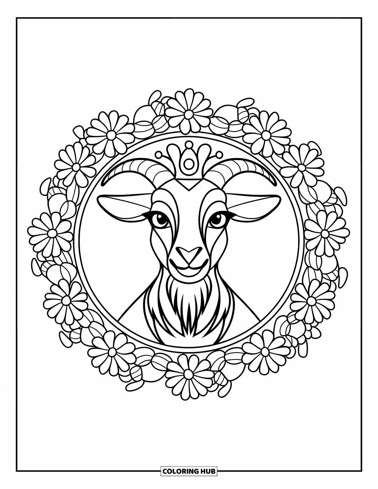 Disegno di una capra per adulti: una capra barbuta con una corona è incorniciata da un cerchio di fiori dettagliati