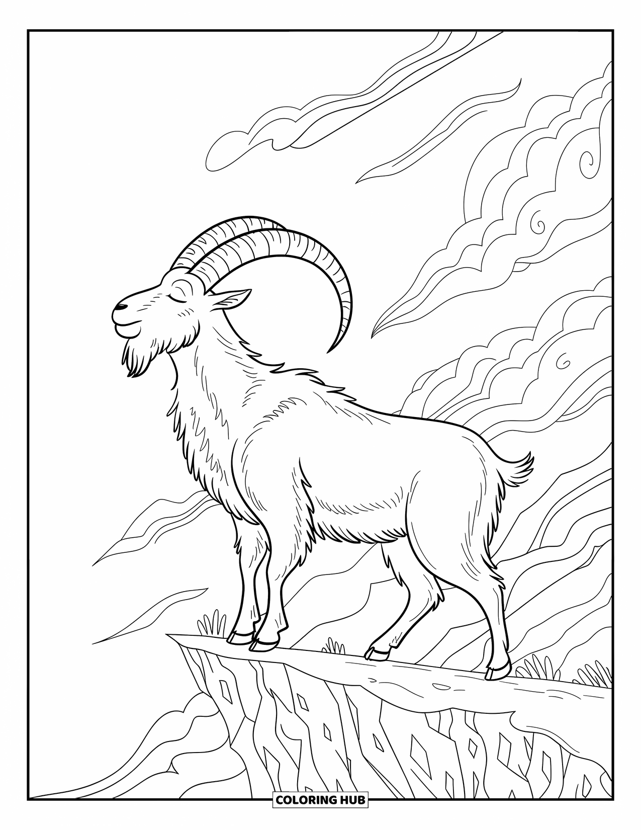 Disegno di una capra per adulti: una capra calma si erge su una scogliera mentre il vento vortica e le nuvole danzano intorno