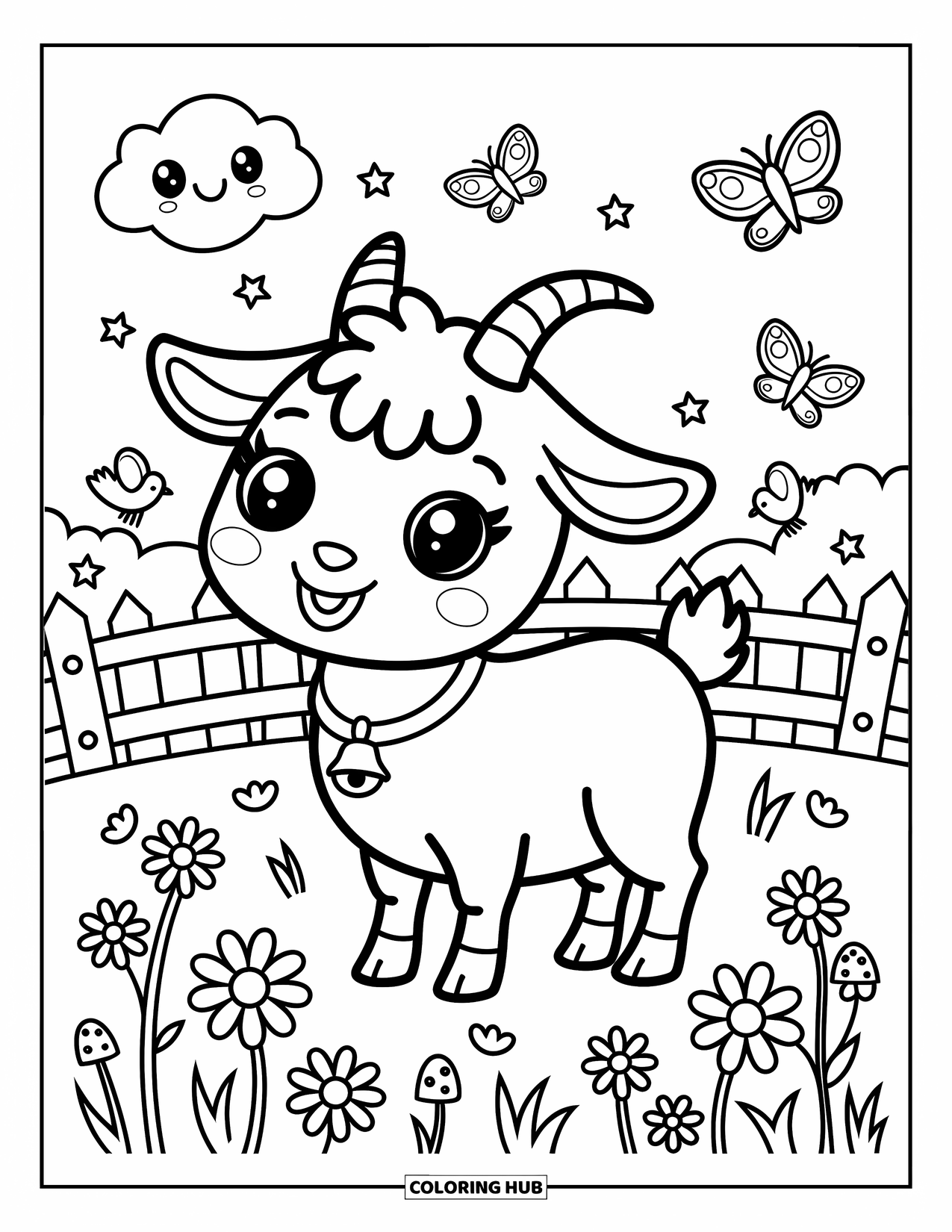 Disegno di una capra per adulti: Una capra allegra con un campanello si trova in un prato pieno di fiori e nuvole felici