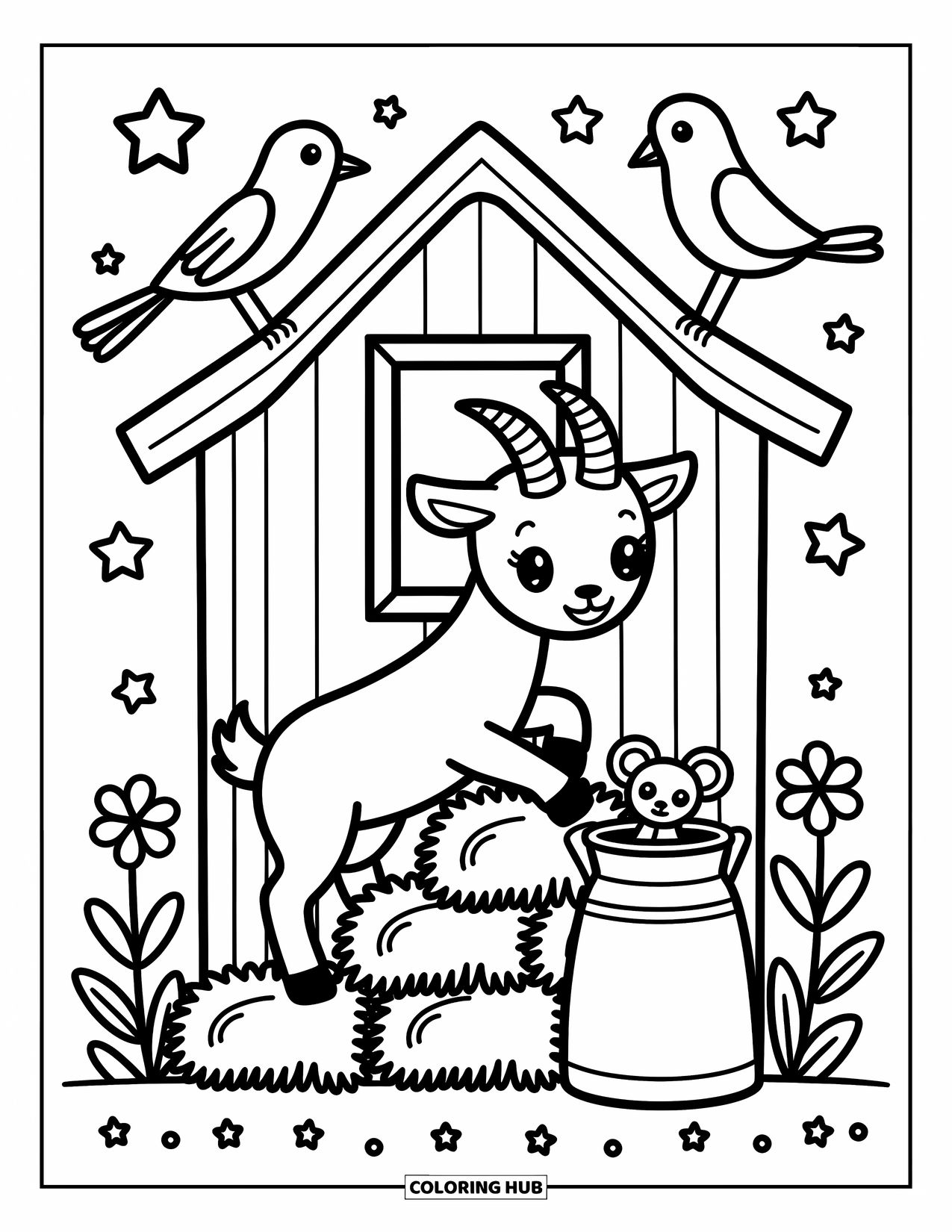 Disegno di una capra per adulti: Una capra curiosa si arrampica sul fieno vicino a un fienile con un topo e un uccello nelle vicinanze