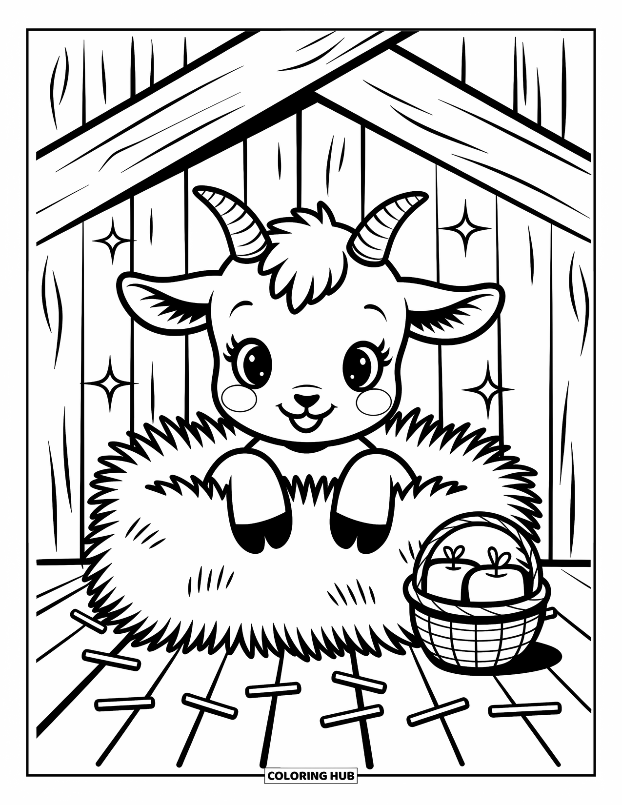 Disegno di una capra per adulti: Una capra curiosa sbircia dal fieno in un fienile con mele e scintillii intorno