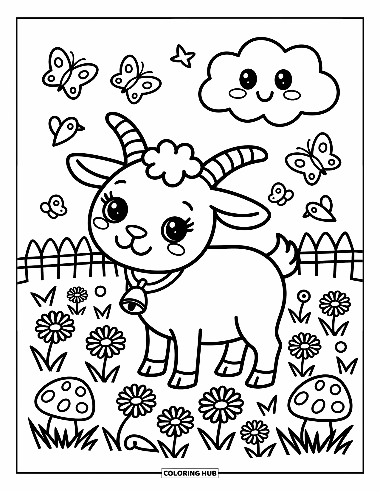 Disegno di una capra per adulti: Una capra carina con un campanello si trova in un prato di margherite sotto una nuvola sorridente