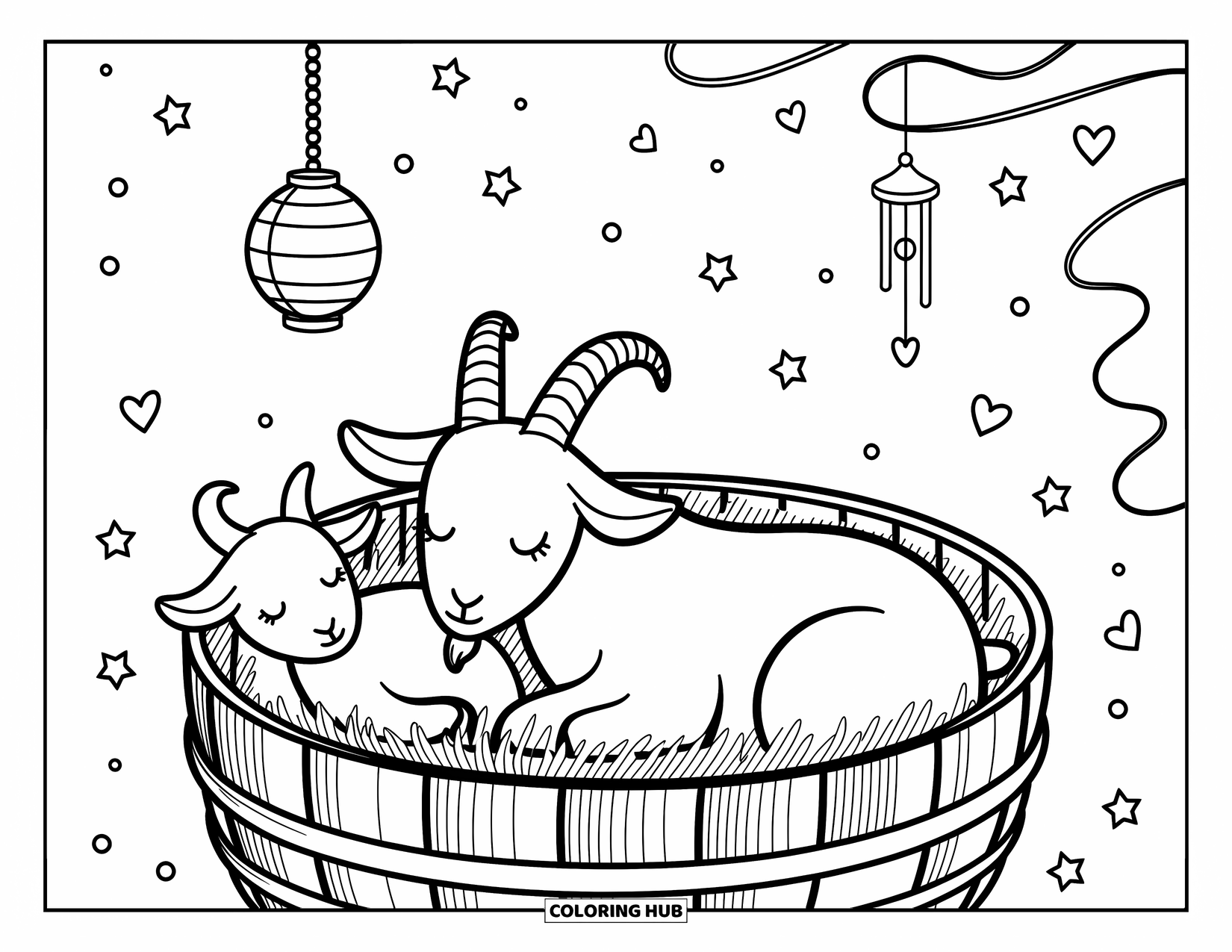 Disegno di una capra per adulti: una dolce brezza vortica mentre una mamma capra sonnecchia con il suo cucciolo in un recinto rotondo