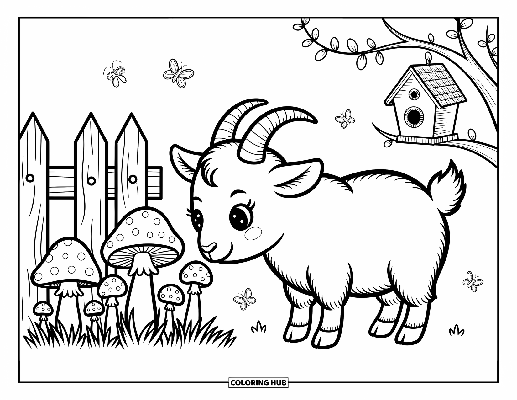 Disegno di una capra per adulti: Una capra annusa curiosamente i funghi con insetti nelle vicinanze e una casetta per uccelli tra gli alberi