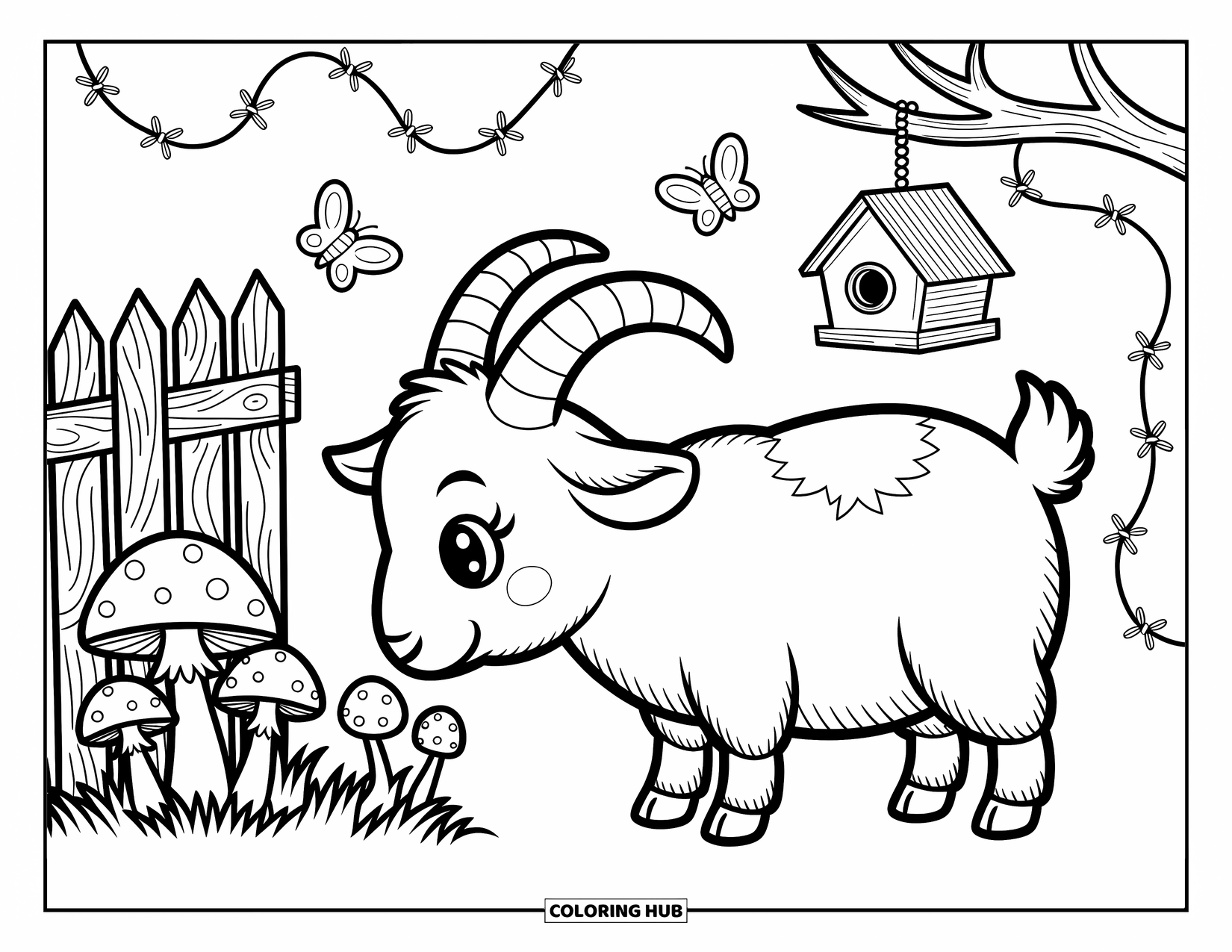 Disegno di una capra per adulti: Una capra esplora i funghi mentre gli insetti svolazzano e una casetta per uccelli è appesa a un albero