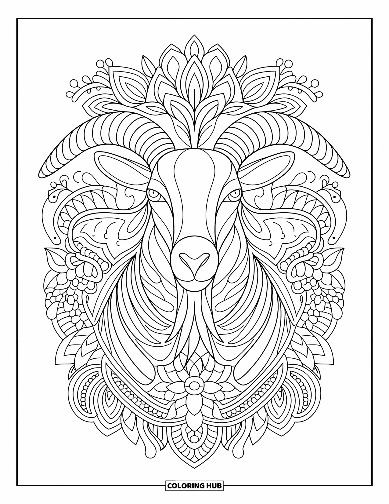 Disegno di una capra per adulti: un mandala con la faccia di una capra è riempito con viti, foglie e disegni floreali dettagliati